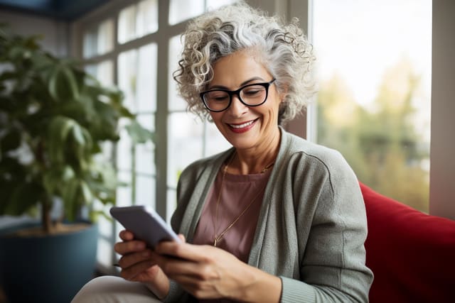 Healthy cheerful senior female using smart phone in her cozy living room, technology and communication