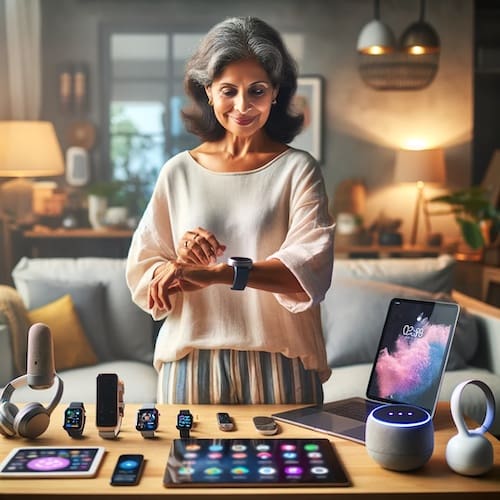 A woman surrounded by tech gadgets