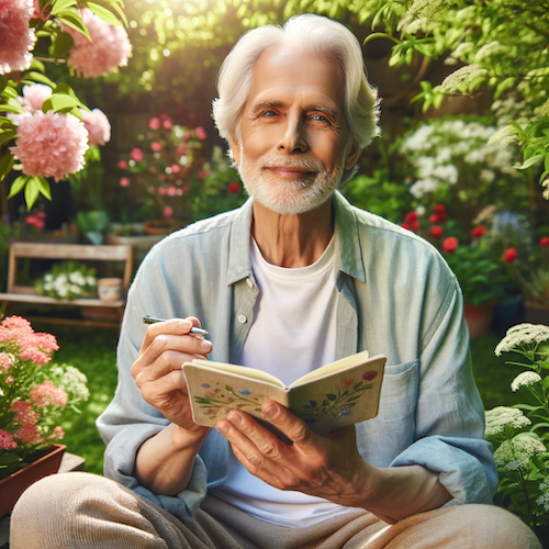 Older individual practicing mindfulness in a serene garden, seated with a journal and pen, surrounded by blooming flowers and lush greenery, conveying peaceful aging and gratitude.